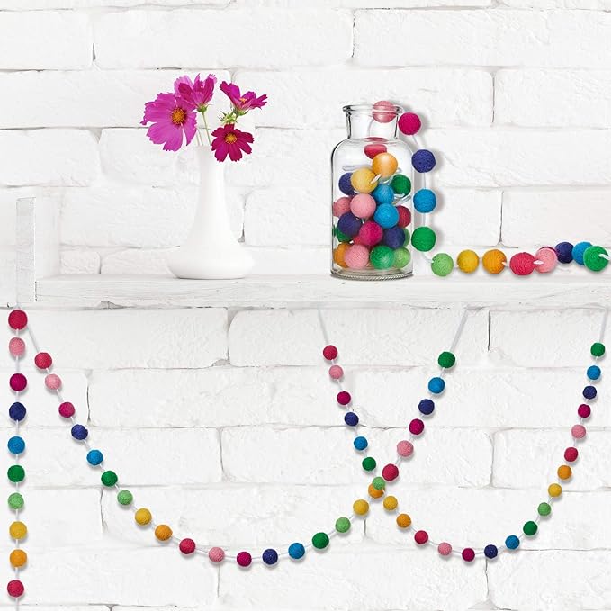 Boao 2 Pieces Wool Felt Ball Garland Colorful Pom Pom Garland Handmade 6.5 Feet Long 24 Balls Felt Banner for Wall Christmas Tree Decoration (Rainbow)