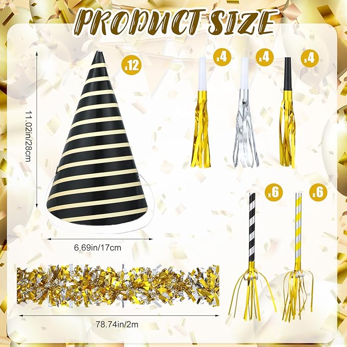Lenwen 36 Pcs 2026 New Years Eve Party Supplies Including 12 New Year Cone Hats 24 Noise Makers Horns Blowouts Tassel Squawkers Blowers for Eve Party Decoration