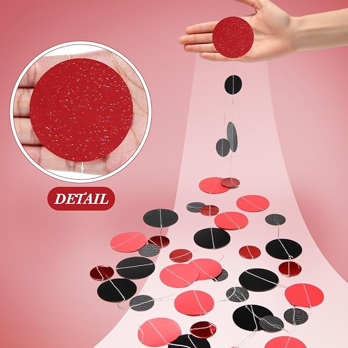 Outus 5 Pieces Black,Red Round Dots Garland Easter Graduation Party Hanging Decor Each Length 13.1ft Glitter Paper Dot Streamers for Birthday Wedding Classroom