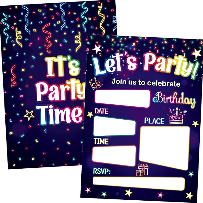 WorldBazaar Neon Birthday Invitations With Envelopes 20 Pack Let's Glow Theme Kids Birthday Party Invitation For Boys Girls Birthday Party Supplies