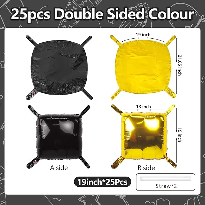 NISOCY 25PCS Black Gold Square Foil Balloons Wall Backdrop Double Sided Metallic Black Gold Balloons Arch Kit for 2026 New Year Graduation Anniversary Birthday Engagement Bridal Party Decorations