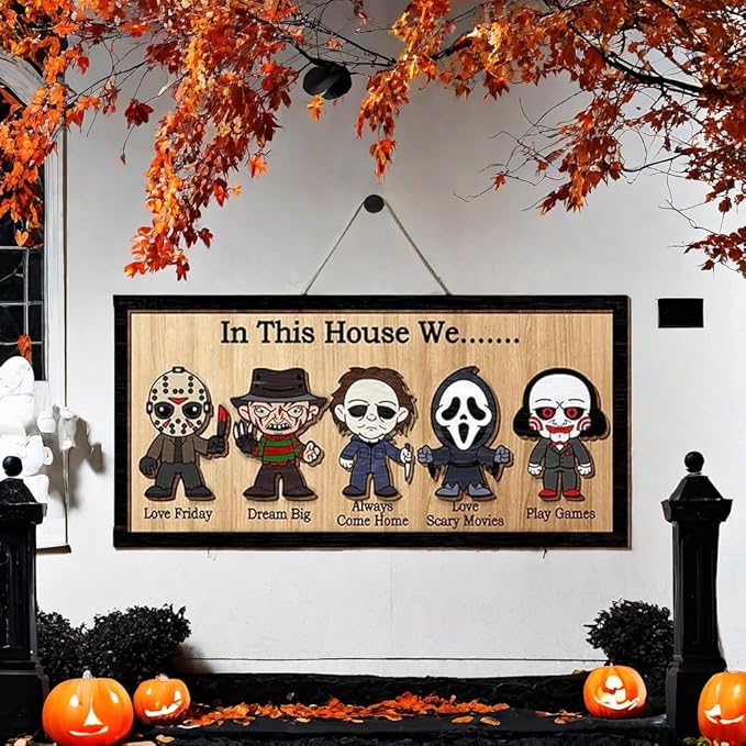 In This House We Horror Halloween, 2 Layered Frame Wood Sign, Halloween Signs, Wall Hanging Scary Decorations, Haunted Party, Spooky Movie Characters decor for Indoor Outdoor Wall Desk (STAND)