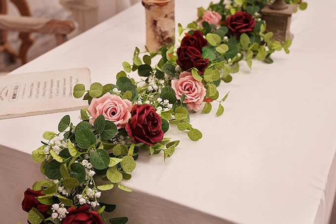 Anna's Whimsy 2PCS 5.91FT Artificial Eucalyptus Garland with Flowers, Fake Rose Gypsophila Garlands, Faux Floral Greenery Garland for Wedding Spring Home Party Table Runner Decor（Dusty Pink）