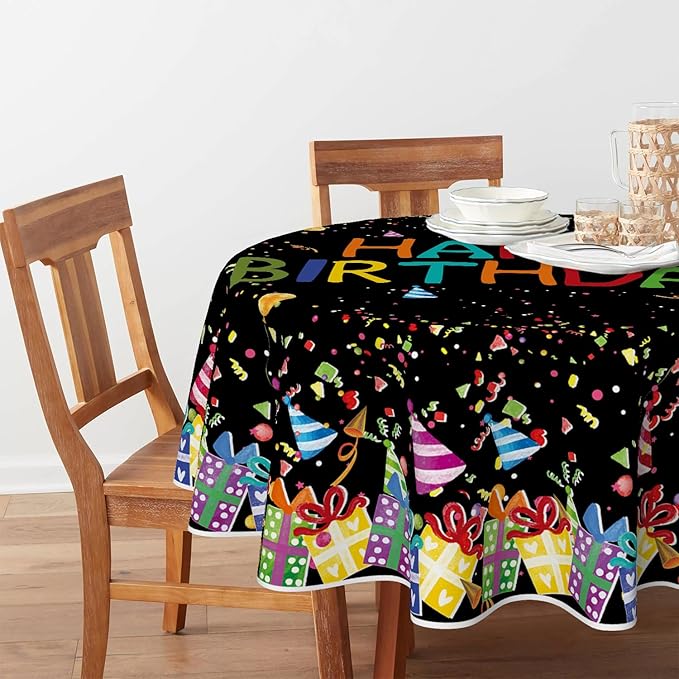 Horaldaily Birthday Tablecloth 60x60 Inch Round, Happy Birthday Ballon Black Washable Seasonal Table Cover for Party Picnic Dinner Decor