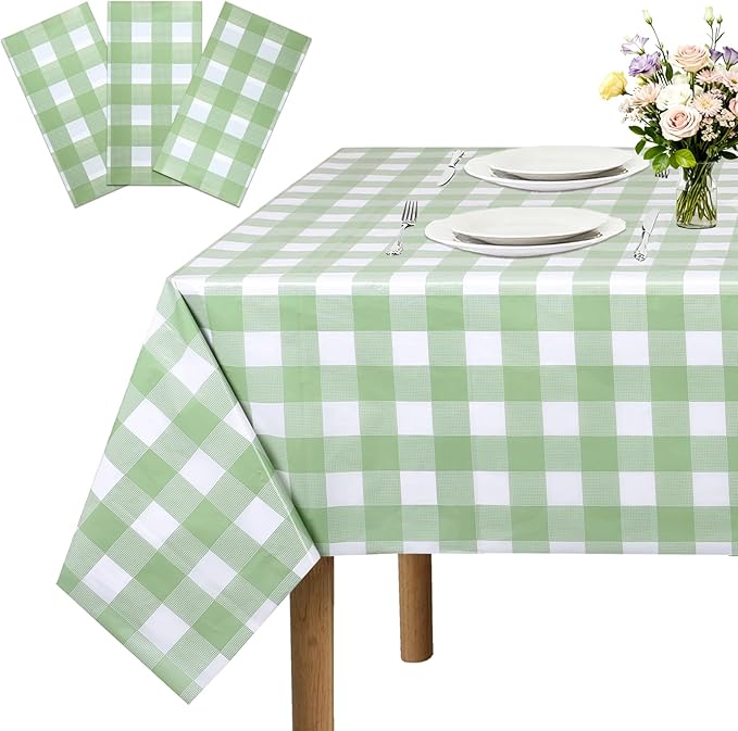 3 Packs Sage Green Checkered Tablecloths 54 x 108 Inch Disposable Plastic Checkered Table Cloth Rectangular Picnic Table Covers for BBQ Carnivals Parties