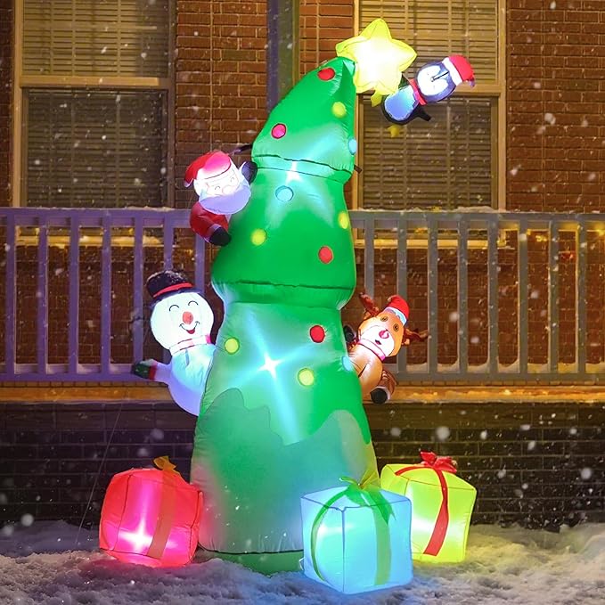 JOYHALO 7FT Inflatable Christmas Tree with Santa Snowman Penguin Reindeer Gift Box, Christmas Inflatables Outdoor Decorations with Bright LED Lights, Christmas Blow Up for Indoor, Lawn, Party Decor