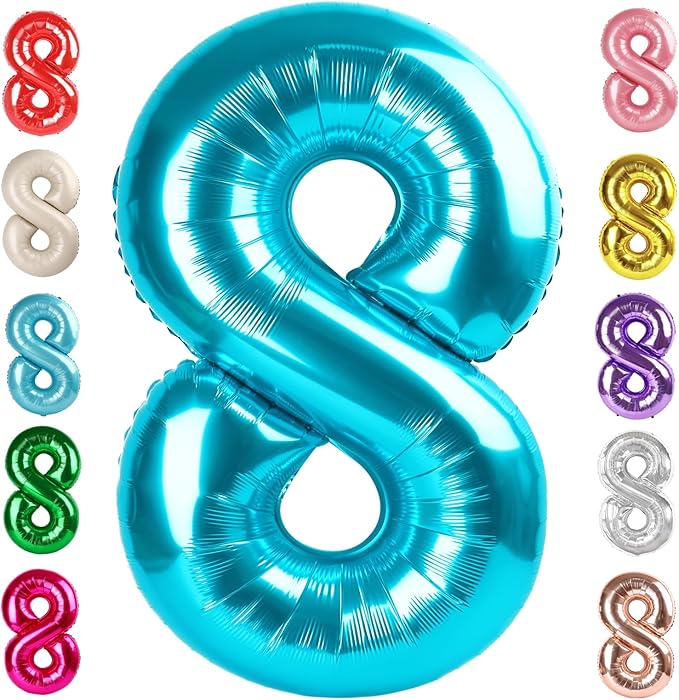40 Inch Number 8 Balloon, Light Blue 8 18 28 80 Birthday Balloons for Men Boys, 8th Birthday Decorations Party Supplies, Wedding, Graduations