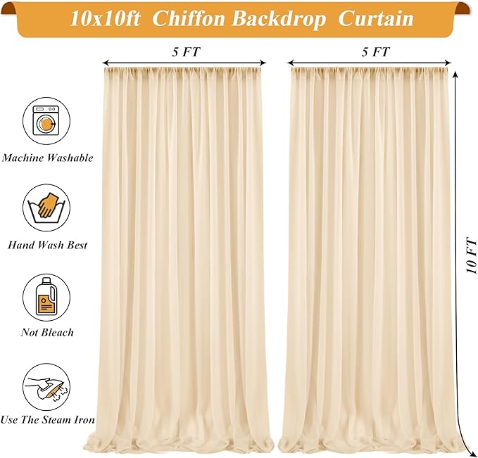 10x10ft Champagne Backdrop Curtain with Lights String for Wedding Sheer Tulle Chiffon Curtain Photo Backdrops Drapes for Baby Shower Birthday Party Home Ceremony Decorations