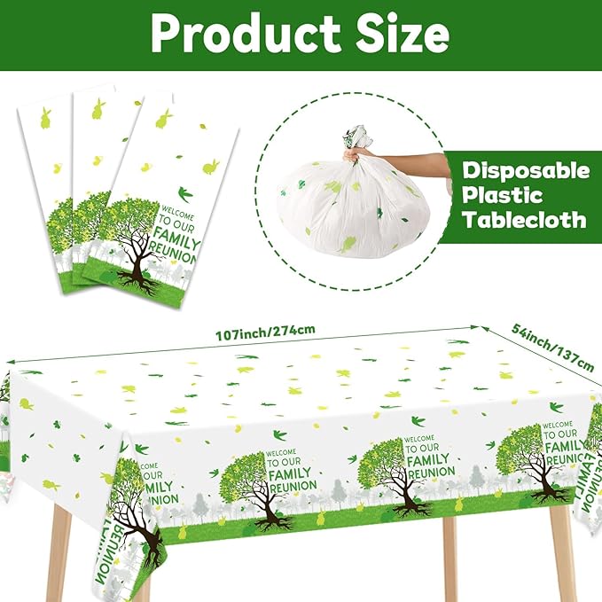 OBUSATT 3Pcs Family Reunion Party Decorations Family Tree Reunion Tablecloths 54 x 108 Inch Green Tree Plastic Table Cover Disposable Rectangle Tablecloths Party Supplies