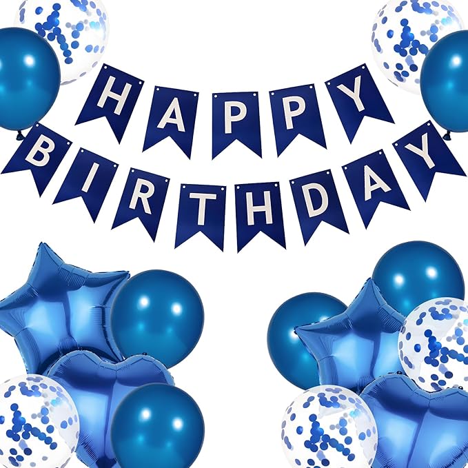 ZHENGYE Blue Happy Birthday Banner Latex Balloon Heart -Shaped Star-Shaped Balloon for Men Women Birthday Party Decoration Supplies