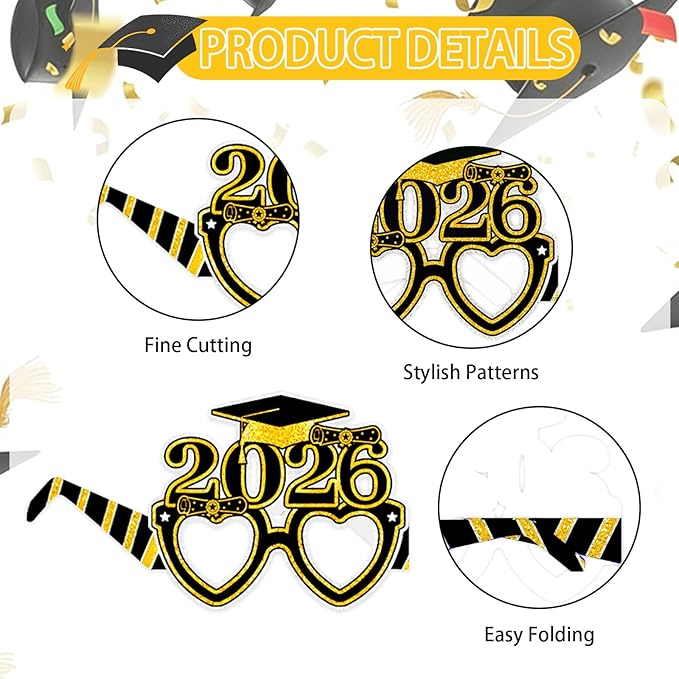 12PCS Graduation Glasses, Graduation Party Paper Eyeglasses Photo Booth Props for Class of 2026 Grad Party Supplies Decorationss