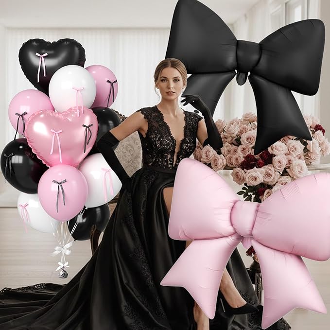 16Pcs Pink and Black Heart Balloons, 38 Inch Bow Balloons, Light Pink Black White Balloon and Bow Heart Shaped Foil Balloon Helium for Women Birthday Wedding Bridal Baby Shower Valentine Decorations