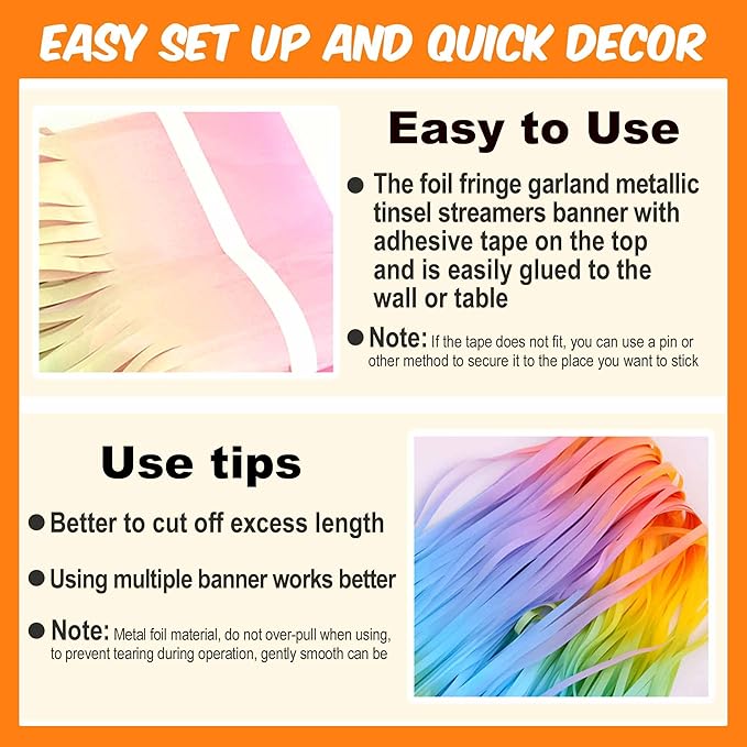 3 Pack 10 Ft Light Rainbow Foil Fringe Garland Metallic Streamers Tinsel Banner Wall Hanging Garland Backdrop for Parade Floats, Halloween, Christmas, Thanksgiving, New Year Party Decorations