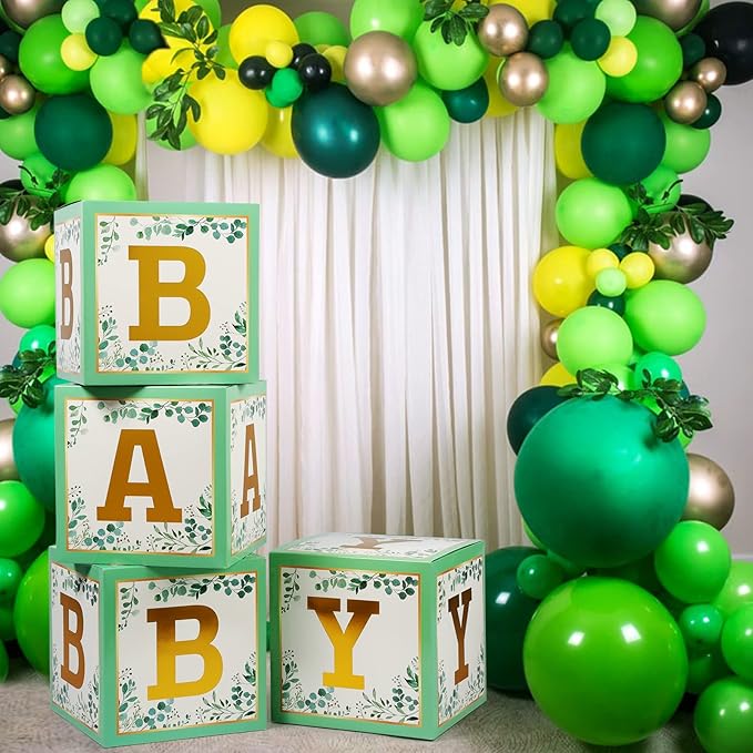 Sage Green Baby Boxes with Letters for Baby Shower, 4pcs Safari Baby Shower Decorations for Boys and Girl Balloon Boxes Gender Reveal Party Favors