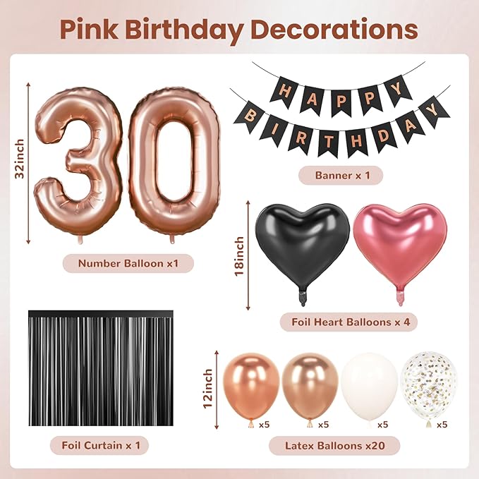 30th Birthday Decorations for Women - Rose Gold, Black and Hot Pink Party Supplies Set with Happy 30th Banner, Number 30 Balloons and Foil Fringe Curtains - 30 Year Old Celebration Kit