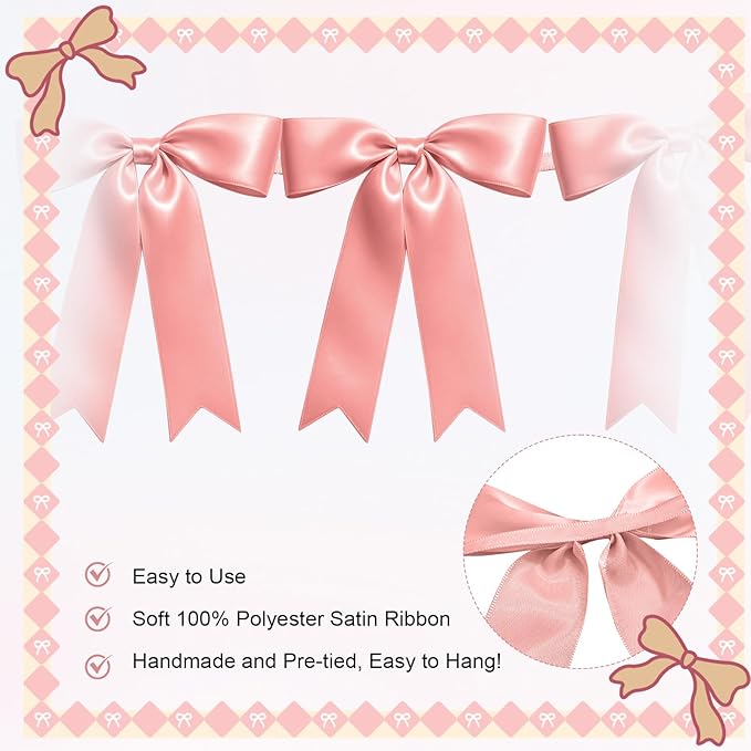 2 Strings of 16PCS Rose Gold Pink Bow Garlands Banner Decoration,Pre-Strung Satin Ornaments for Birthday,Bachelorette Party,Bridal Shower,Wedding,Engagement,Baby Shower,Graduation Decor,Anniversary