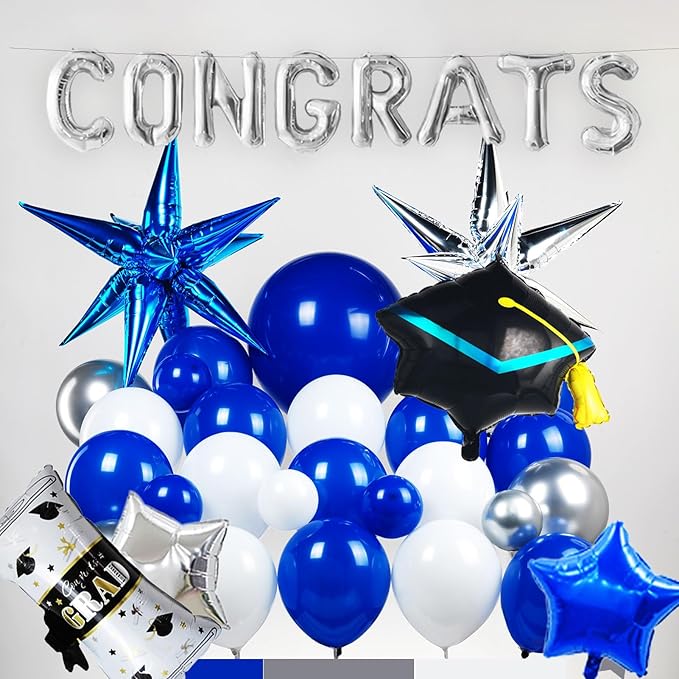 Royal blue Themed Graduation Balloon Garland Arch Kit with Foil caps diplomas congrats letters stars for class of 2026 Graduation party decorations Grad congratulations Prom party Grad ceremony decor