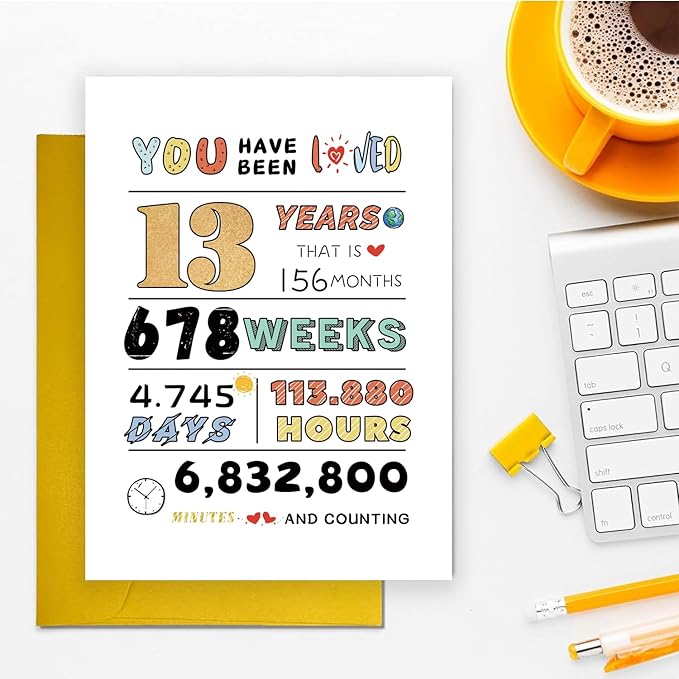 Cute 13th Birthday Card, 13th Birthday Decorations Card for Girls Boys Children, 13 Year Old Gifts, 13th Niece Nephew Birthday Card, Unique Thirteen Bday Gift Idea from Dad Mom Grandparent