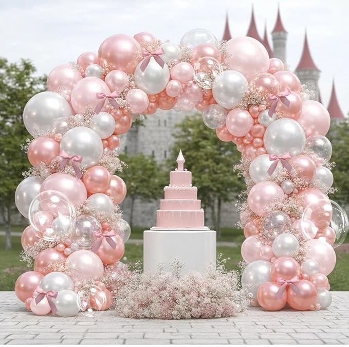 Light Pink White Balloon Arch-Double Stuffed Pastel Baby Pink White Pearl Balloons with Bow Clear Balloon Arch Kit for Birthday Baby Shower Bridal Wedding Mother's Day Party Decorations