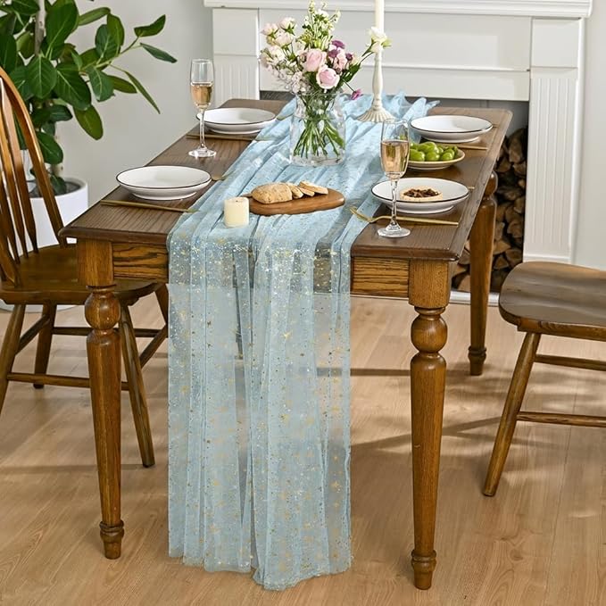 Horaldaily Blue Gold Sparkling Star Gauze Tablecloth 60x84 Inch Rectangular, Golden Star Sequin Glitter Metallic Foil, Sheer Tulle Cheesecloth for Wedding Baby Shower Party