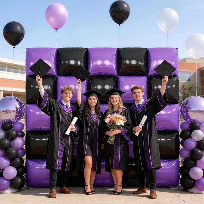 Black Purple Square Foil Balloon Wall,25Pcs Double Sided Foil Balloons Backdrop Helium Polyester Tunnel Arch Garland Kit for Birthday Bridal Anniversary Baby Shower Halloween Party Decorations