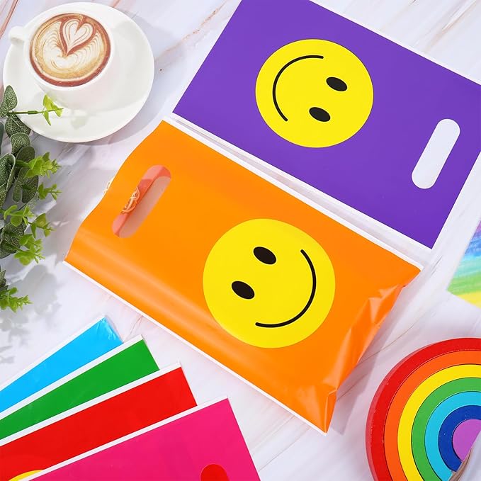 Whaline 200Pcs Rainbow Smile Face Party Favor Bag Colorful Plastic Treat Bags with Handles Candy Goodie Bags for Birthday Baby Shower Snack Cookie Packing