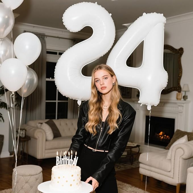 40 Inch White Number 24 Digital Balloon,Jumbo Mylar Foil Helium Balloon for 24 Balloons for Birthday Party,Wedding Anniversary Party Decorations