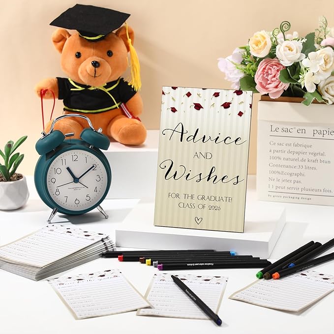 113 Pcs Class of 2026 Graduation Party Favors Include 1 Advice and Wishes Wooden Sign 100 Graduation Advice Cards with 12 Fineliner Ink Pens for The Graduate Class of 2026(Red)
