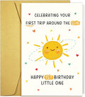 Qiliji First Birthday Card for Baby Boy or Girl, Happy 1st Birthday Card for Daughter Son Granddaughter Grandson Niece Nephew, Celebrating Your First Trip Around the Sun Little One