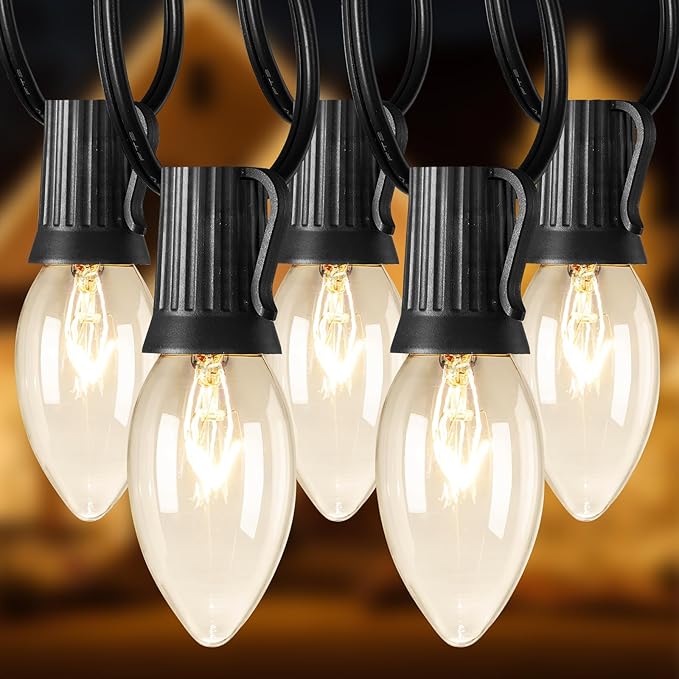 Brightown 50 Feet C9 Bulb String Lights Outdoor Warm White Clear Christmas Lights Black Wire for Outdoor Patio Room Christmas Party Backyard Decoration, 50 Bulbs