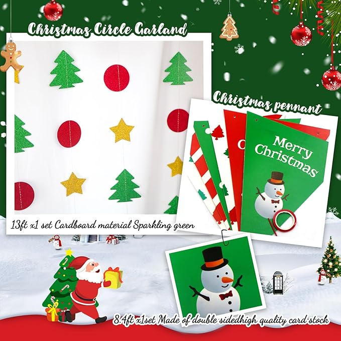 Christmas Party Decorations - Red & Green Christmas Flag, Xmas Tree Honeycomb Balls Garland Paper Fans Paper Lanterns for Holiday Party Decorations Winter Party New Year's Eve Classroom Decor
