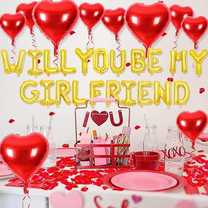2 set 16 inch Will You be My Girlfriend Balloons and Heart Balloons with 1000 Pieces Rose Petals, Gold Letter Balloon for Her Valentines Day Decorations Wedding Anniversary Engagement