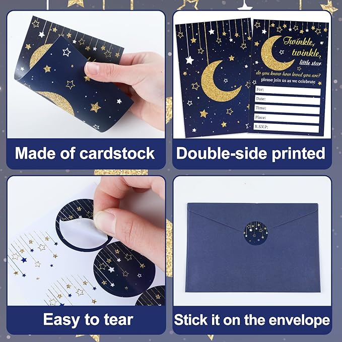 Qyeahkj 36pcs Stars Invitations Twinkle Little Star Baby Shower Invitation Cards with Envelopes Moon and Star Baby Shower Decorations Blue Gold Foil Baby Shower Party Invites for Baby Gender Supplies