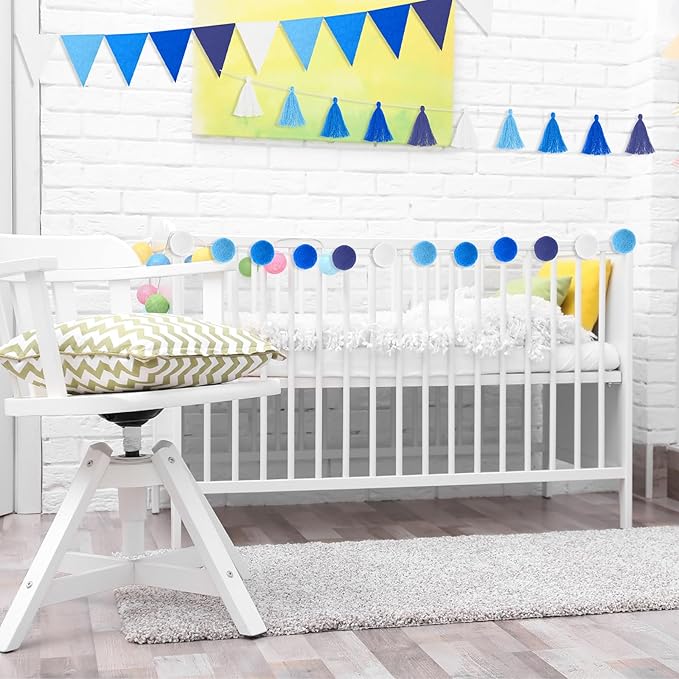 Irenare 9.8ft Pom Pom Garland Felt Rainbow Garland Graduation Party Decoration Colorful Pennant Tassel Banner Birthday Baby Shower Triangle Banner for Classroom School Mantel Fireplace(Blue)