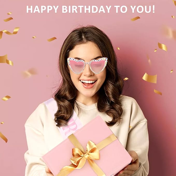 Birthday Girl Sash & Glasses Set, Birthday Sash for Women Girls, White & Pink Happy Birthday Decorations Outfits Accessories Party Favors Set for Women Girls