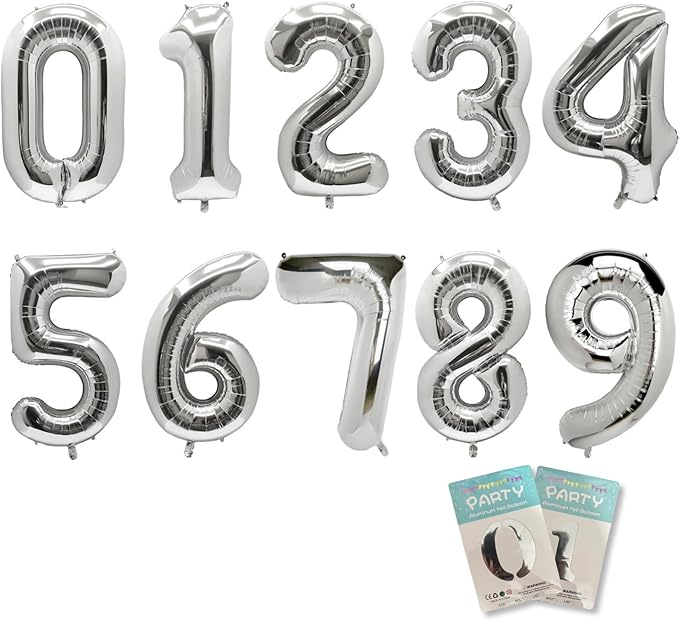 10PCS 40 Inch Large Foil Number Balloons 0-9 Set - Reusable Metallic Argent Birthday Wedding Decorations