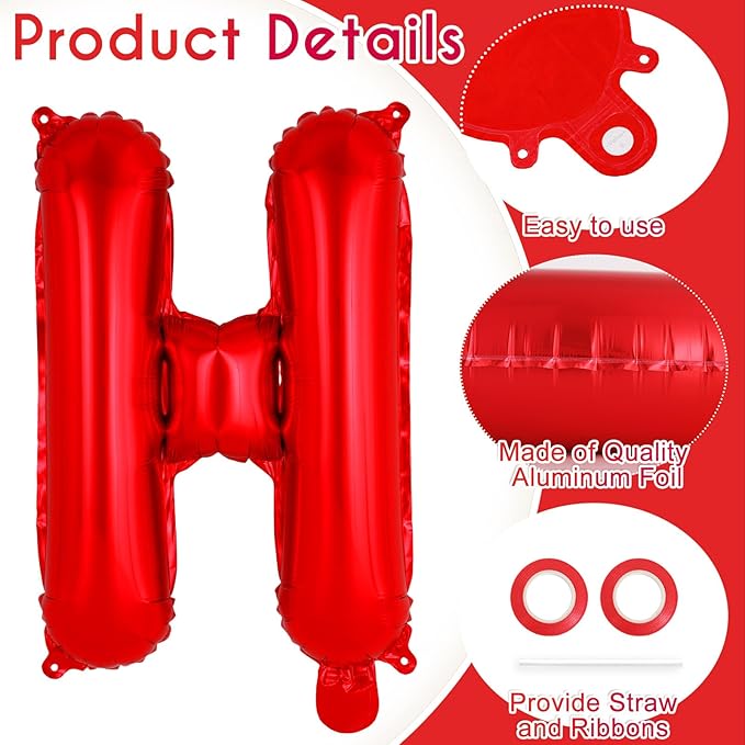 52 Pcs Red Letter Balloons,16 Inch Foil Alphabet Letter Balloons,Letter A-Z Balloon Banner Custom Phrase Balloon for Birthday Party Wedding Anniversary Decoration (Red 52pcs)