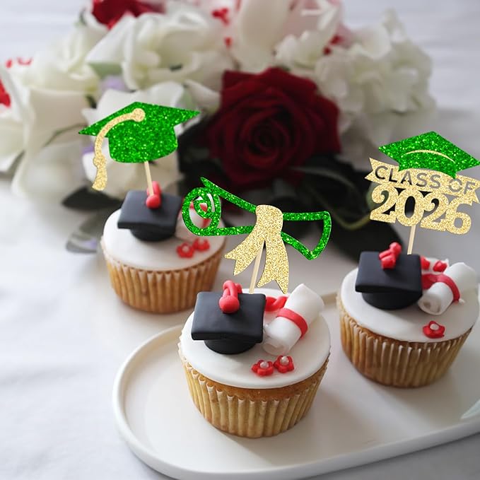 Gyufise 24Pcs 2026 Graduation Theme Cupcake Toppers Glitter Diploma Graduation Cap Class of 2026 Cupcake Picks for 2026 Graduation Theme Party Cake Decorations Supplies Gold Green