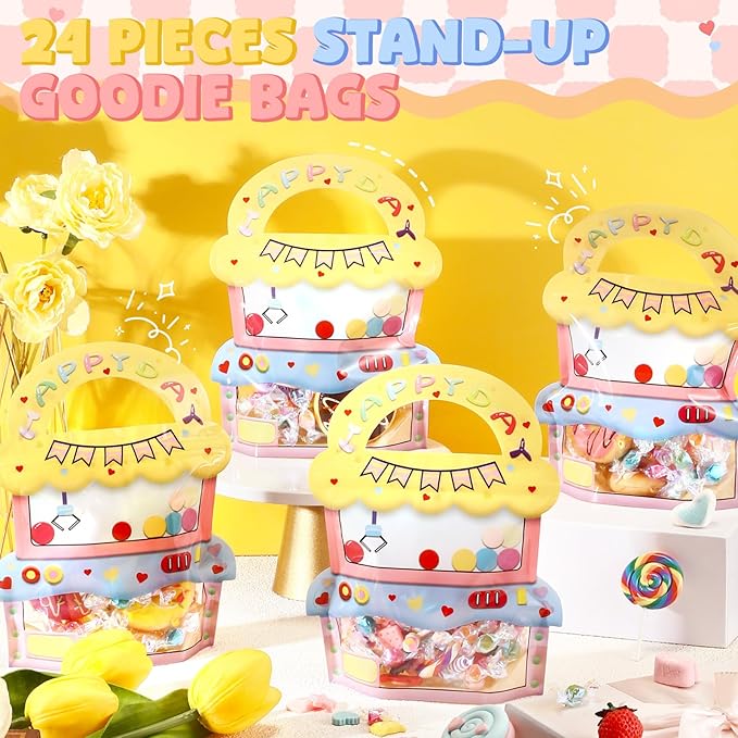 Fullhawl 24 Pcs Cute Claw Machine Goodie Bags for Kids Birthday Party Favor Cartoon Goodie Bags with Handle Plastic Reusable Resealable Candy Storage Packaging for Baby Shower Classroom Supplies