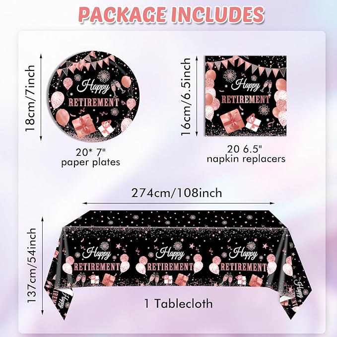 41PCS Retirement Decorations for Women Black Rose Gold Themed Retirement Decor Paper Plates Napkins Tablecloth Set for Women's Say Goodbye Party Supplies