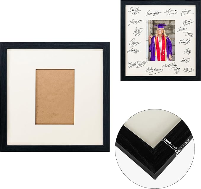 GraduatePro 12x12 Graduation Signature Board Picture Frame with 5x7 Mat for Wedding Birthday Guest Book Signing, Black with Off White Mat
