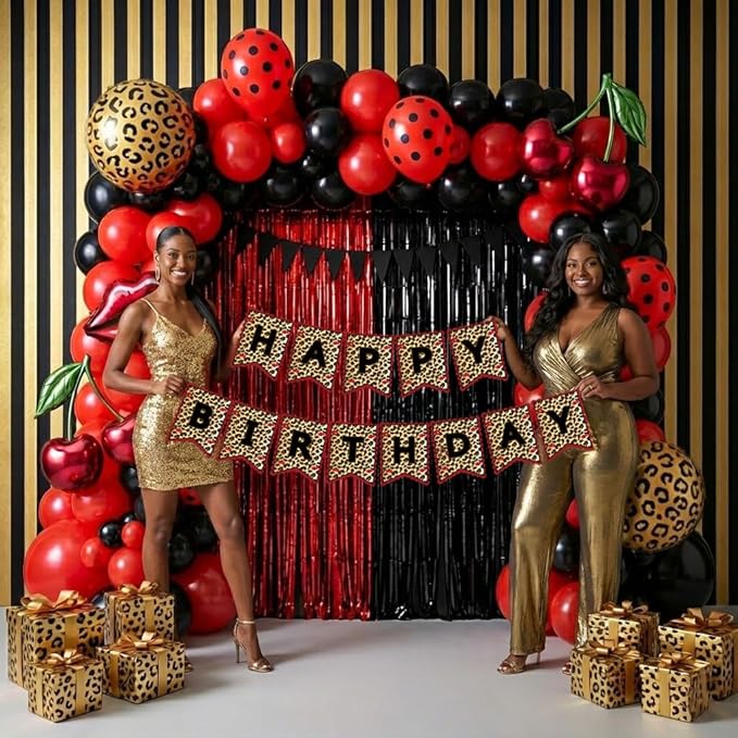 Leopard print party decorations with Red Black polka dot Balloon Arch & lips cherries black hearts foil balloons & banner foil Tinsel Fringe for Girls Woman cheetah print Birthday decorations (Red)