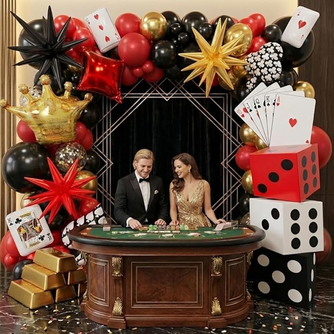 Casino Balloons Arch Kit - Latex Balloons, Dice Boxes, Full Deck of Big Pokers, Star, Crown Balloon Garland Kit for Birthday Anniversary Game Night Las Vegas Casino Theme Party Decorations