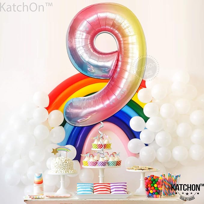 KatchOn, Huge 40 Inch, Rainbow 9 Balloon - Cloud 9 Party Decorations | Nine Balloon for On Cloud 9 Birthday Decorations for Girls | 9th Birthday Decorations for Girls | Rollerskating Birthday Party