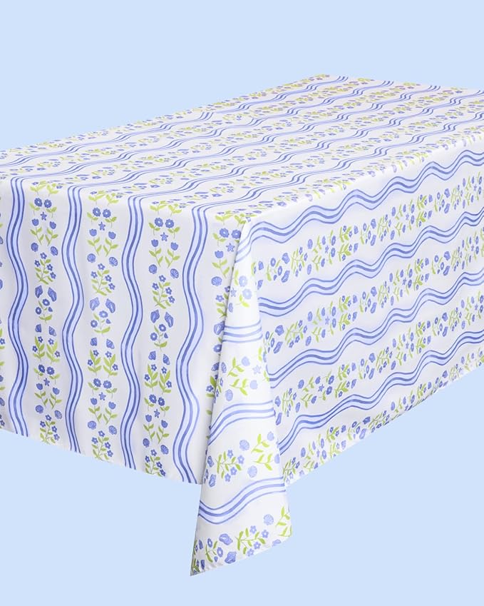 xo, Fetti Coastal Tablecloth, White + Blue | 9' x 4.5' | Bachelorette Tablescape, Dinner Party Setting, Beach Birthday Decoration, Cute Tablecover, Floral Table Decor