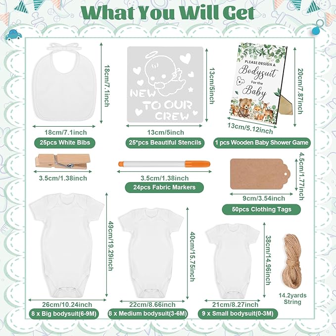 201 Pcs Baby Shower Set Baby Shower Game Sign Baby Bib Bodysuit White Baby Bib Newborn Bodysuit Baby Shower White Decorating Kit(Woodland Animal)