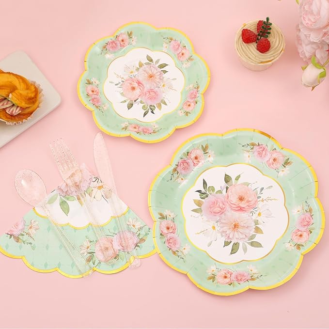 Tea Party Supplies Serves 24, Tea Party Plates and Napkins Sets Include Paper Saucers, Teacups with Handles, Tableware for Girl's Birthday, Tea Party Decoration