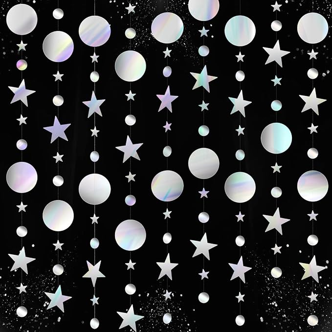 Glitter Star Garlands Decorations, 52 Feet Star Paper Garland Banner, Circle Dot Star Hanging Streamers for Valentine's Day Graduation Wedding Birthday Anniversary Ramadan Party Supplies Decorations