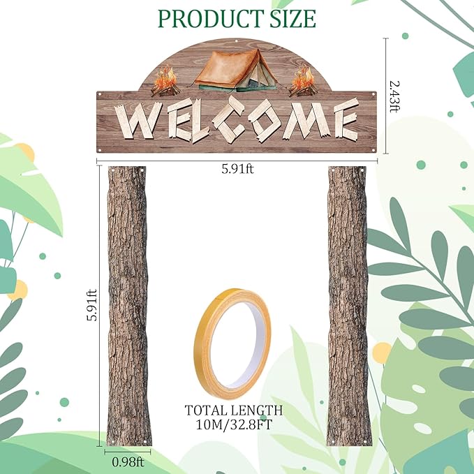 Peryiter 3 Pcs Camping Themed Party Decorations Banner Welcome Porch Sign with 1 Double Sided Tape for Summer Camp Birthday Hawaii Baby Shower Themed Party Activity Decor Door(Natural Style)