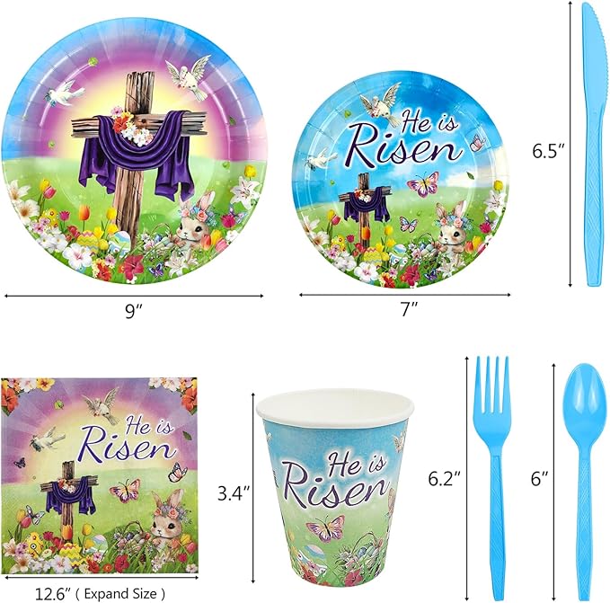 Easter He is Risen Party Tableware Set for 24 Guests Including Dinner Dessert Plates, Lunch Napkins, Cups, Knife, Fork and Spoon for Easter Party Celebration Supplies Decorations